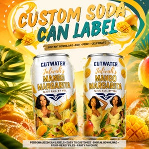 May include: Two silver aluminum cans featuring a custom label for Jalivah's Mango Margarita with 12.5% alc. by vol. The label displays a person in a yellow dress, mango fruit graphics, and the Cutwater brand logo. Text reads CUSTOM SODA CAN LABEL.