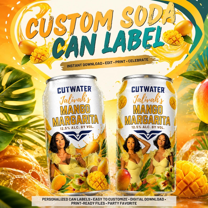 May include: Two silver aluminum cans featuring a custom label for Jalivah's Mango Margarita with 12.5% alc. by vol. The label displays a person in a yellow dress, mango fruit graphics, and the Cutwater brand logo. Text reads CUSTOM SODA CAN LABEL.
