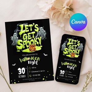 Halloween Lets Get Spooky Invitation, Editable Horror Party Invite, Printable Kids Spooky Night Invite, Ghost Party, Canva Template