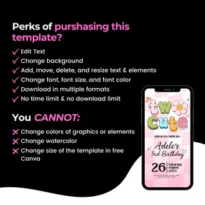 May include: A pink and white digital invitation template for a child's birthday party. The text reads "Two Cute" with a flower graphic. The invitation includes the child's name, age, and party details.
