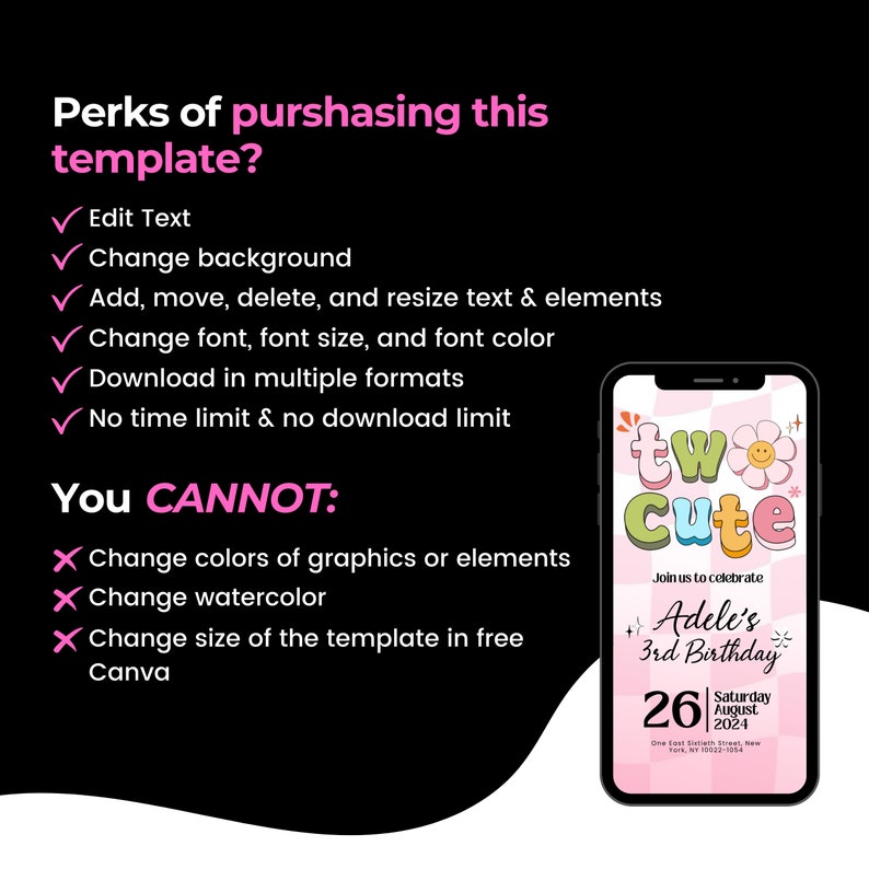 May include: A pink and white digital invitation template for a child's birthday party. The text reads "Two Cute" with a flower graphic. The invitation includes the child's name, age, and party details.