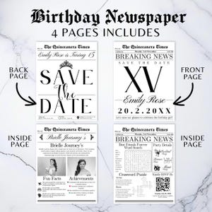May include: A four-page birthday newspaper design with the headline "Birthday Newspaper" and the text "4 PAGES INCLUDES." The pages feature headlines like "Breaking News" and "Save the Date," with event details and a crossword puzzle.