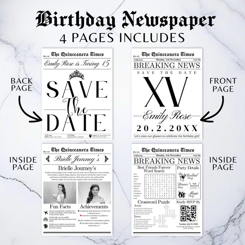 May include: A four-page birthday newspaper design with the headline "Birthday Newspaper" and the text "4 PAGES INCLUDES." The pages feature headlines like "Breaking News" and "Save the Date," with event details and a crossword puzzle.