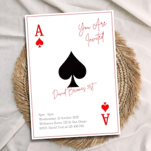 May include: A white invitation card designed as the Ace of Spades playing card. The card features a large black spade symbol, red suit symbols, and the text "You Are Invited" and "David Becomes 31st" in red. Event details are listed below.