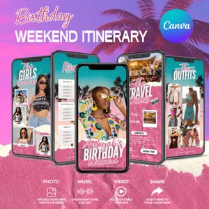 Digital Birthday Weekend Invitation Editable Birthday Weekend Itinerary Animated Travel Itinerary Girls Trip Vacation Schedule Edit in Canva