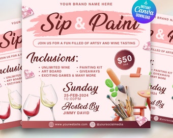 Sip And Paint Flyer, DIY Flyer Design Canva Template, Sip And Shop Flyer, Paint And Sip Flyer, Paint Party Flyer, Instant Download