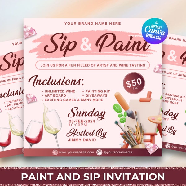 Paint And Sip Flyer, DIY Flyer Design Canva Template, Sip And Paint Flyer, Sip And Shop Flyer, Paint Party Flyer, Instant Download