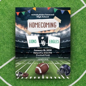 Puede incluir: Un cartel de partido de fútbol para el baile de regreso a casa de Scotch Plains Fanwood High School. El cartel presenta un campo de fútbol con las palabras "Lions vs Eagles" y la fecha "January 18, 2030".