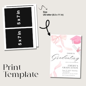 May include: Pink and white graduation invitation with a pink graduation cap, diploma, and ribbon. The text reads "Emery is Graduating" and includes the date, time, and location of the event.