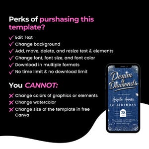 Puede incluir: Un fondo negro con texto rosa y blanco que enumera los beneficios y limitaciones de una plantilla. Un tel&eacute;fono inteligente muestra una invitaci&oacute;n de cumplea&ntilde;os "Denim & Diamonds" con textura de mezclilla y detalles plateados.