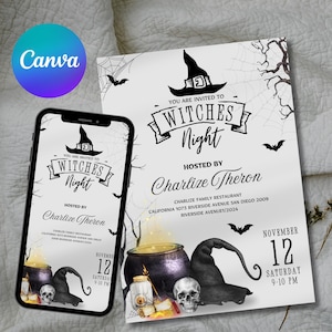 Halloween Witches Night Out Invitation, Editable Witch Birthday Invite, Witches Halloween Party, Adult Halloween Invitation, Canva Template
