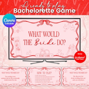 Puede incluir: Una plantilla de juego de despedida de soltera digital mostrada en una pantalla con fondo rosa claro y borde rojo. El texto dice A ready to play Bachelorette Game, WHAT WOULD THE BRIDE DO?, START GAME, HOW TO PLAY? y END GAME.