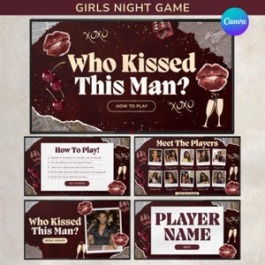 この男性にキスしたのは誰でしょう？ゲーム、独身最後のパーティーゲーム、女の子の夜の飲み会ゲーム、編集可能なCanvaテンプレート