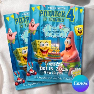 Op de afbeelding: Twee uitnodigingen voor een verjaardagsfeestje met SpongeBob SquarePants en Patrick Star. De uitnodigingen zijn lichtblauw met de tekst "You're Invited" en "Patrick wordt 4". De datum is 15 oktober 2025, van 9 tot 12 uur.