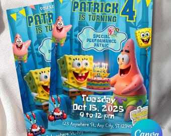 Editable Sponge Cake Birthday Invitation Template, Under the Sea sponge Birthday Party Invitation,Cartoon Party Template, Kids Party Invite