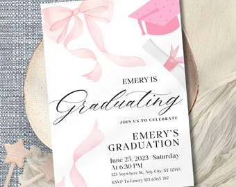 Pink Bow afstuderen foto uitnodiging, Bow Grad uitnodiging, foto Grad uitnodigen, coquette afstuderen, Grad fotokaart, Pink Bow afstuderen aankondigen