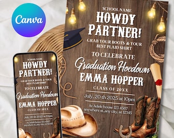 Western Graduation Invitation, Western Invitation, Grad Invitation, Cowboy Graduation, Grad Party Invite, She Did It Invite, Canva Template