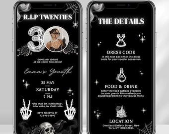 RIP a mi fiesta de los 20, Muerte a mi cumpleaños de los 20, Invitación de cumpleaños número 30, Funeral a mi juventud número 30, Invitación de cumpleaños número 20