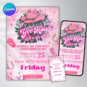 Pink Disco Cowgirl Hoedown Birthday Party,Cowgirl Birthday Invitation,Pink Cowgirl Party Invite, Yee Haw Party,Canva Template