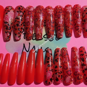 Red and Pink Floral Animal Print 2xl Ballerina Press on Nails