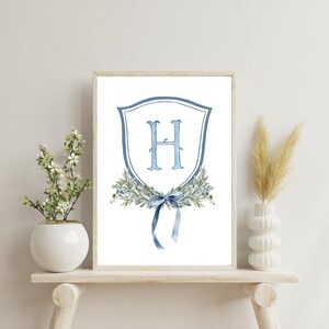 Baby Nursery Crest - Denim Blue | Nursery Wall Art Initial Monogram | Watercolor Baby Decor | Preppy Baby Nursery | Baby Shower Gift