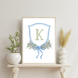 Baby Nursery Crest - French Blue | Nursery Wall Art Initial Monogram | Watercolor Baby Decor | Preppy Baby Nursery | Baby Shower Gift