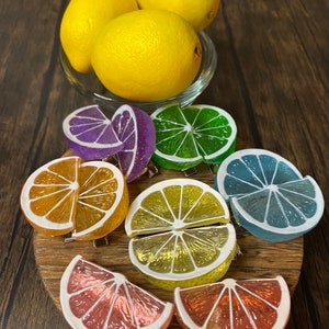Summer Citrus Hairclips, Brightly Colored Candy Coated Fruit Hair Accessories, Unique Barrettes, Rainbow, Lemon Hair Clips, 2 pc set