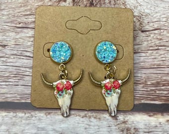 Boho Longhorn Skull Earrings: Druzy Studs, Floral Bull Head - Cowgirl Chic