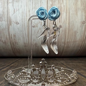 Princess Glass Slipper Earrings with Rose Ribbon | Fairy Tale Jewelry | Cinderella Inspired Dangle Earrings | Handmade Gift for Girls