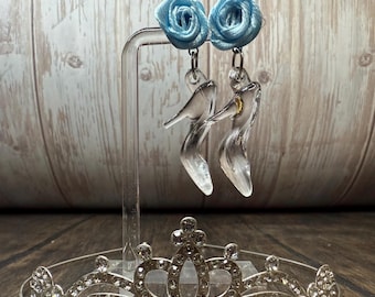 Princess Glass Slipper Earrings with Rose Ribbon | Fairy Tale Jewelry | Cinderella Inspired Dangle Earrings | Handmade Gift for Girls
