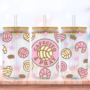 Cafecito & Pray SVG Libbey Glass Wrap Svg, Pan Dulce Concha 16oz Libby Beer Can Jar Full Wrap Cup svg files for Cricut, Instant Download