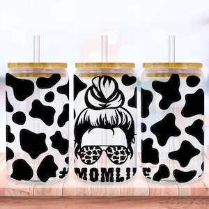 Mom Life Cow Print Libbey Glass Wrap Svg, Mothers Day Cow 16oz 20oz Libby Beer Can Glass Full Wrap Cup svg files for Cricut, Png Sublimation