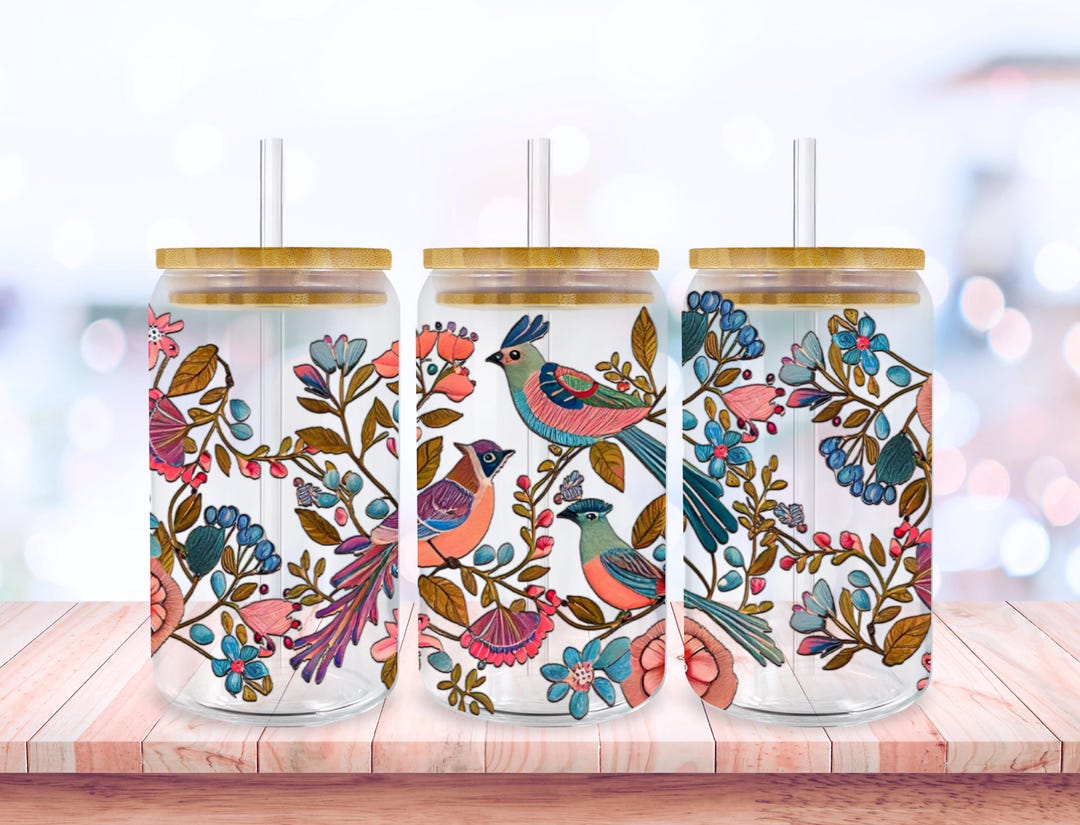 Spring Floral Bird Png 16oz Libbey Glass Can Tumbler Sublimation Design ...