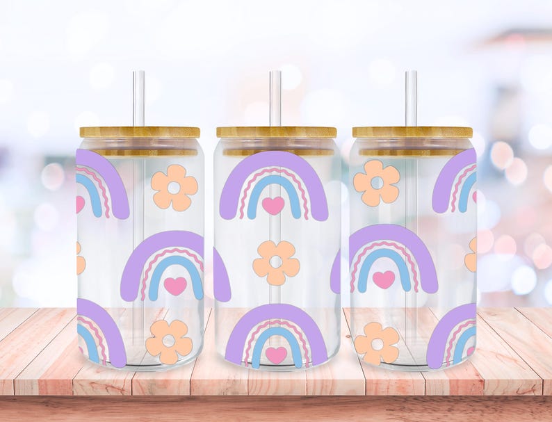 Boho Rainbow Svg Libbey Glass Wrap Svg, Groovy Summer Floral 16oz Libby ...