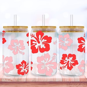 Hibiscus Flower Svg Libbey Glass Wrap Svg, Summer Floral 16oz Libby Beer Can Full Wrap Cup svg files for Cricut, Instant Digital Download