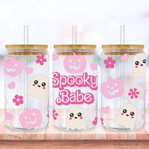 Spooky Babe Svg Libbey Glass Wrap Svg, Carino Zucca Fantasma Autunno Halloween 16oz Libby Birra Lattina Full Wrap Cup file svg per Cricut, Scarica