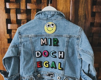 UPCYCLING Vintage Kinder Jeansjacke Gr 98 - MIR doch EGAL - Jacke nachhaltig 90s 80s Smiley