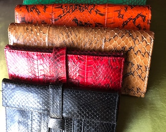 Cartera de piel auténtica con estampado animal, Cartera de mujer de piel auténtica de pitón, Cartera de mujer plegable de gran tamaño, Cartera de mujer de piel auténtica con serpiente