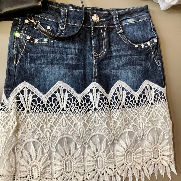 Vintage Designer Rhinestones jeans lace skirt, short Jeans Skirt, White Lace jeans, Vintage Jeans,