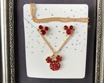 Girls Mickey necklace earrings Set, custom crystal jewelry colors red, green, clear, purple, rainbow, black, gold tone chains