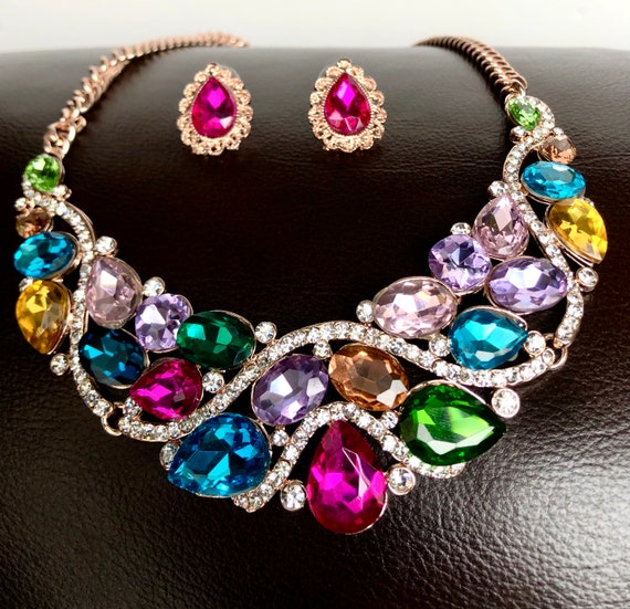 jewelry, Set of gold tone custom jewelry, pink bl… - image 1