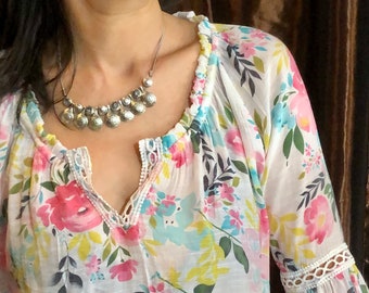 Vintage Boho Floral Blouse, Butterfly 3/4 sleeves, Pink blouse Size M, Casual woman's Top