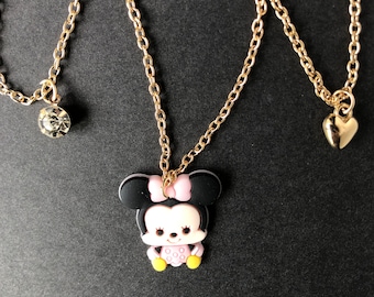 Collar de niña rosa Minnie mouse, corazón de niña, colgante de cristal personalizado, cadenas de collar en tono dorado, regalos de cumpleaños de niña, Juego de 3 collares