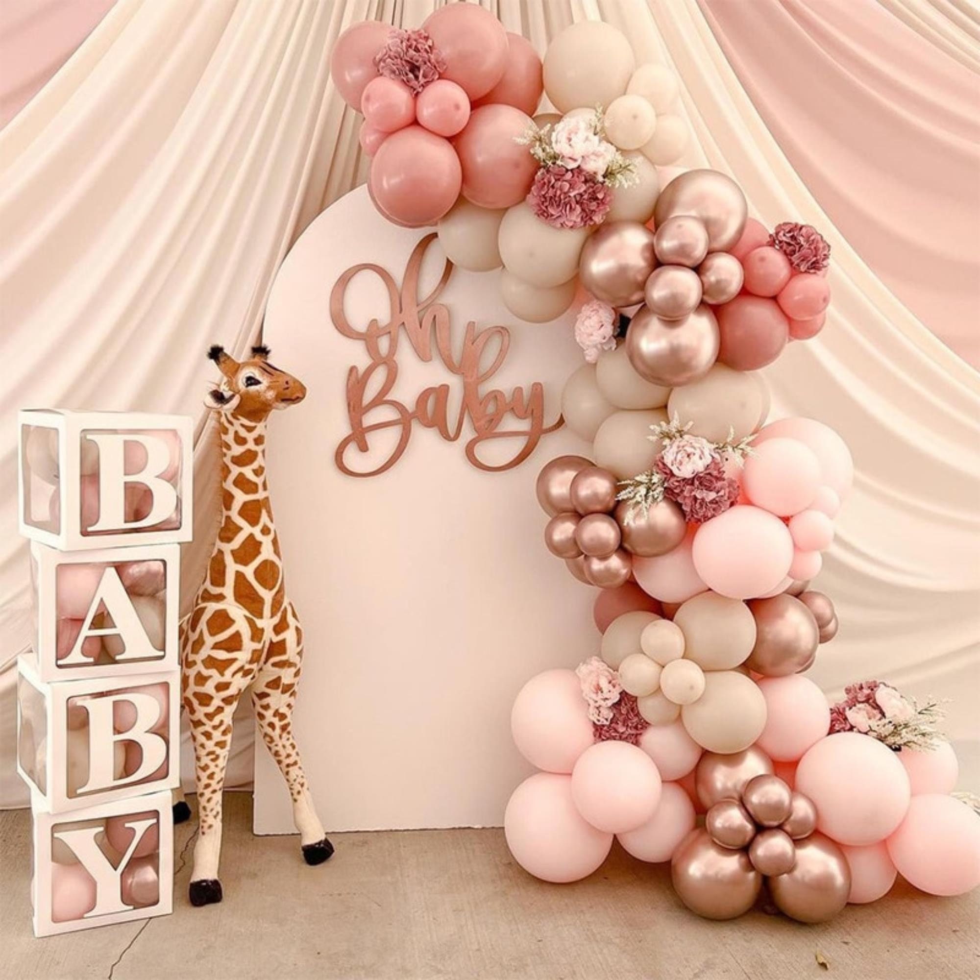 Amandir 134pcs Rose Gold Balloons Baby Shower Decorations for Girl Baby  Boxes, Butterfly Stickers Balloon Garland Arch Kit Baby Box with Letter