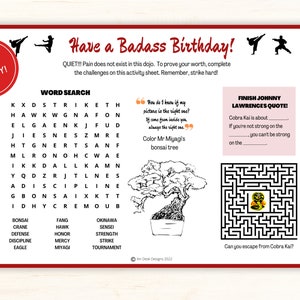 Hoja de actividades de la fiesta de cumpleaños de Cobra Kai / Bolsa de regalos para fiesta de Cobra Kai