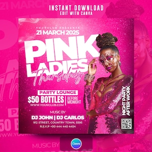 Thursday Party Flyer, Pink Ladies Party Flyer Edit On Canva.