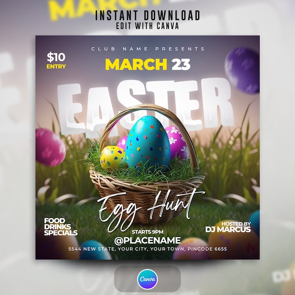 Easter Flyer, Egg, Egg Hunt Flyer, Celebration, Party Night, Social Media, CANVA EDITABLE