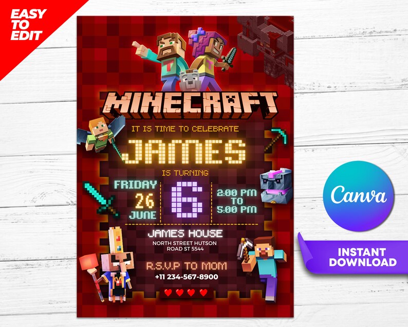 Minecrafter Birthday Invitation Template Mine Invite Etsy Minecrafter Birthday Invitation Template Mine Invite Etsy