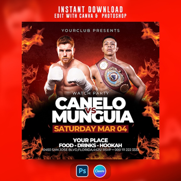 Canelo Alvarez vs. Jaime Munguia Watch Party Flyer, Edit On Photoshop And Canva