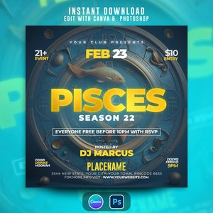 Pisces Season Party Flyer: Editable Zodiac Sign (Canva & Photoshop)